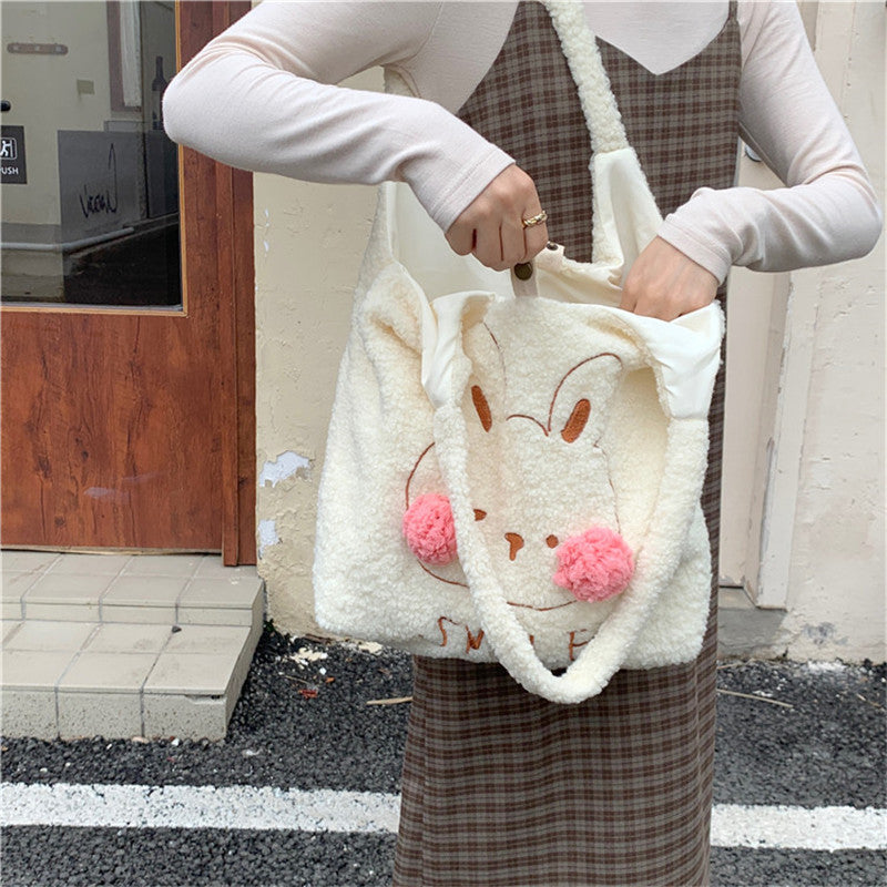 Cute Bunny Blush Pom Pom Plush Tote Bag