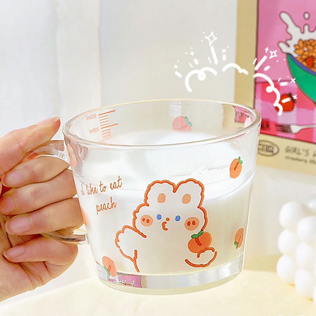 Cute Strawberry Rabbit Glass Cup with Spoon