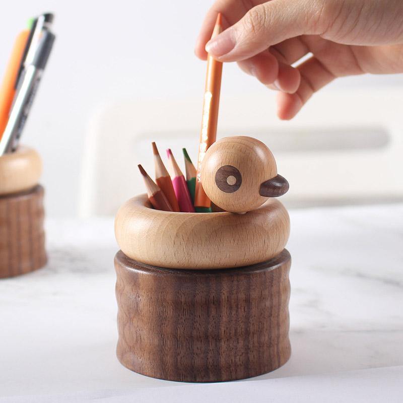 Duck Pen Holder Wooden Handmade Desk Decor