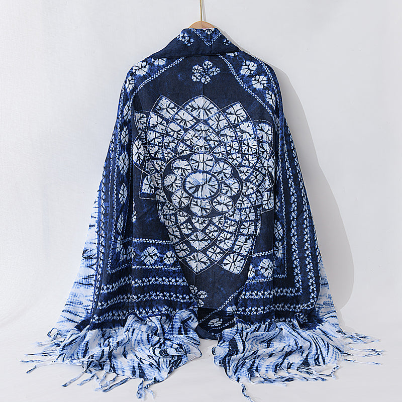 Retro ethnic scarf women's spring and autumn imitation blue dyed wild literary long summer sun protection holiday shawl scarf