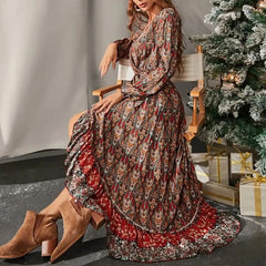 Fall New Long Sleeve Swing Boho Print Dress