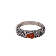 Natural Red Agate Gourd Ring Women's S925 Sterling Silver Fulu Openwork Retro Design Ring