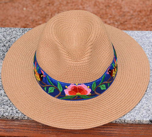 National style Embroidered Hat Straw Hat Sun-proof Visor Big Brim Summer Days Ladies National hat