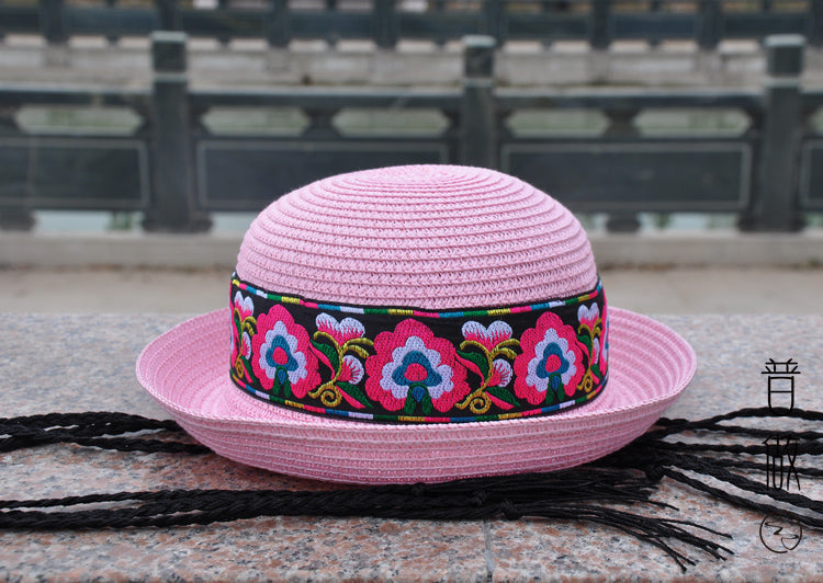 New National Style Embroidered Braided Hat, Folding Leisure Straw Hat, Summer Vacation Beach Sunshade Basin Hat