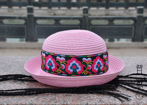 New National Style Embroidered Braided Hat, Folding Leisure Straw Hat, Summer Vacation Beach Sunshade Basin Hat