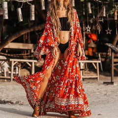 New Women's Sexy Long Sleeve Mid Length Boho Print Dress