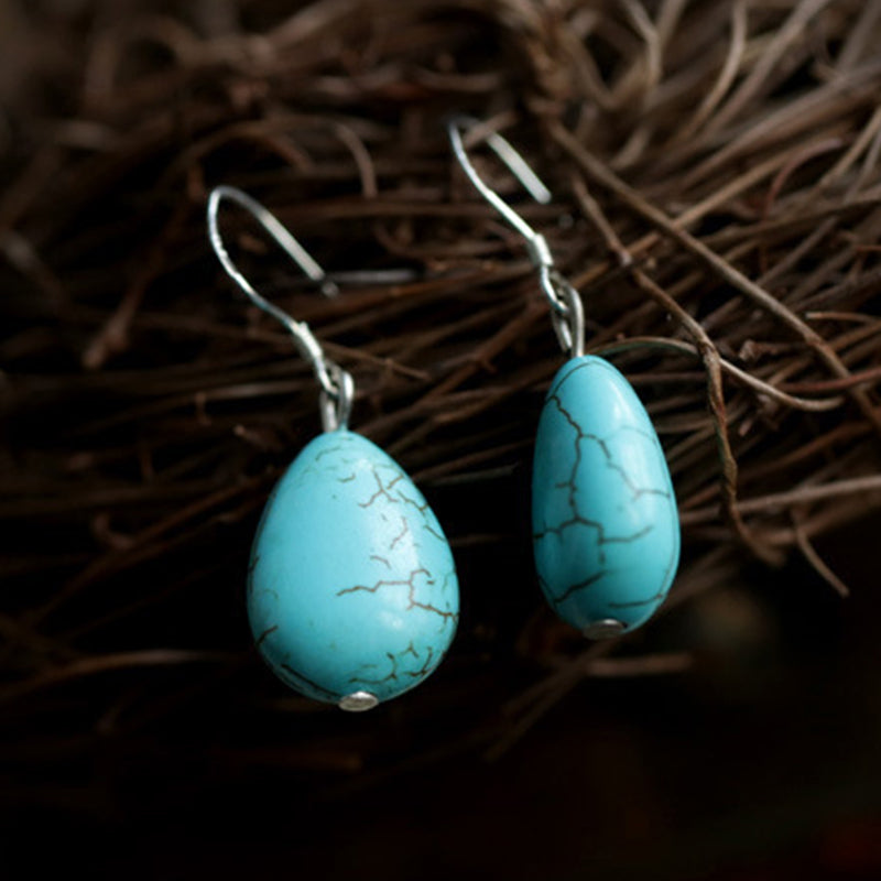 Original Handmade Turquoise Earrings National Style Silver Hook Earrings Fashion Personality Earrings Retro Palace Water Drop Earrings