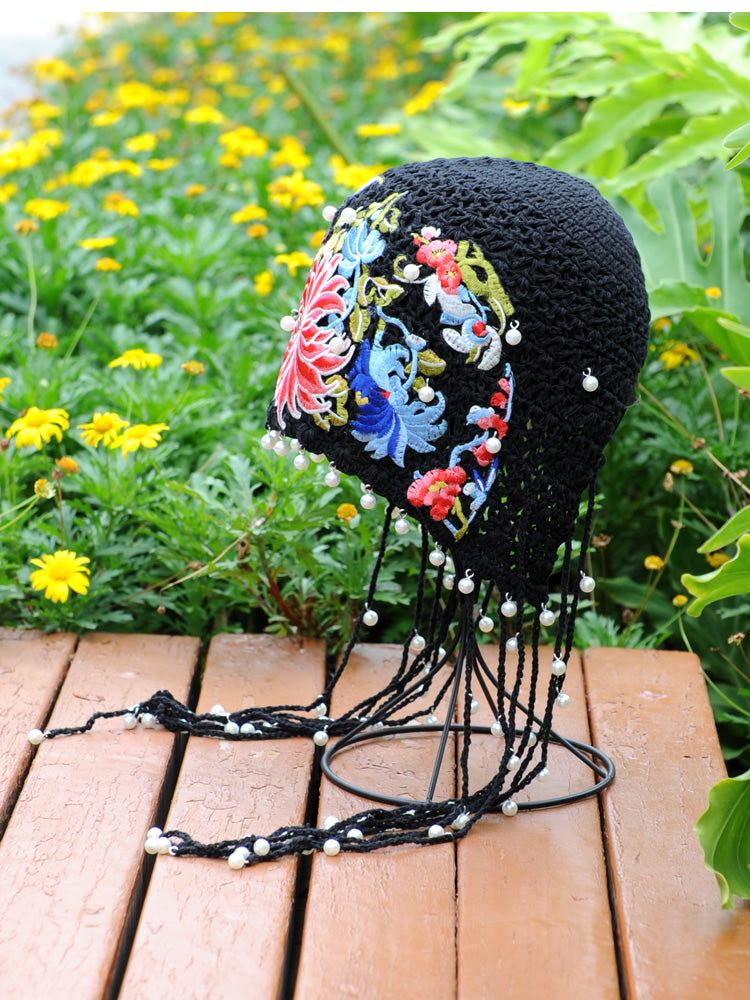 Ethnic style embroidered knitted hat Women's spring and summer versatile ear protection hat