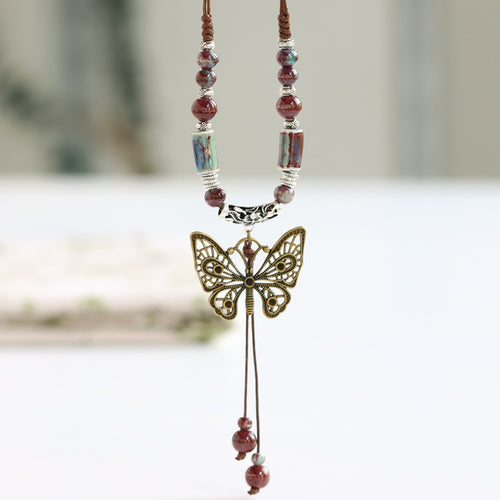 Ethnic style ceramic long sweater chain women's antique hanging vintage Chinese style butterfly necklace