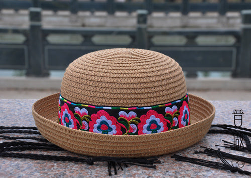 New National Style Embroidered Braided Hat, Folding Leisure Straw Hat, Summer Vacation Beach Sunshade Basin Hat