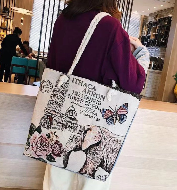 Double-sided Ethnic Style Embroidery Bag Women's Live Embroidery Peacock Elephant Canvas Bag