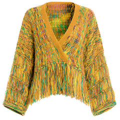 Loose hand-woven rainbow fringed knitted cardigan autumn and winter short sweater coat