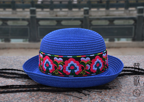 New National Style Embroidered Braided Hat, Folding Leisure Straw Hat, Summer Vacation Beach Sunshade Basin Hat