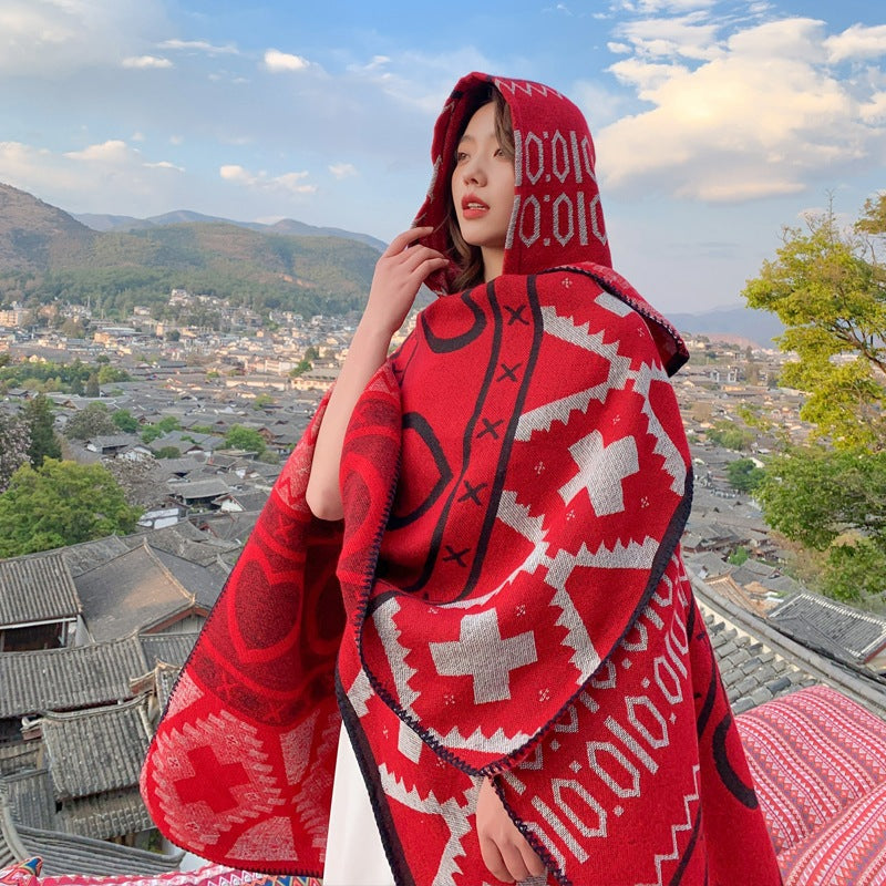 Tibetan ethnic shawl women's Autumn hooded cloak air-conditioned room warm cloak scarf