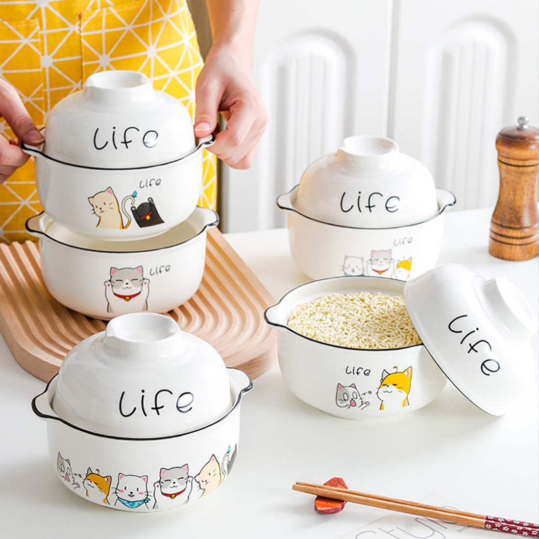 Cute Cartoon kitties Print Ceramic Noodle Bowl Set