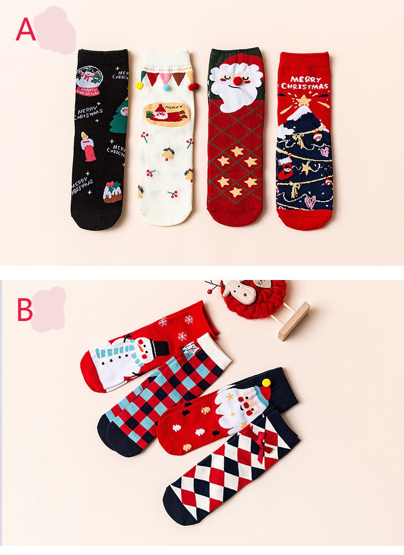 Cute Christmas Cartoon Mid-calf Cotton Socks 4pc Gift set