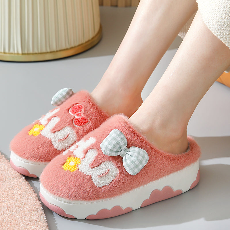 Lovely Bow knot Letters Plush Slipper