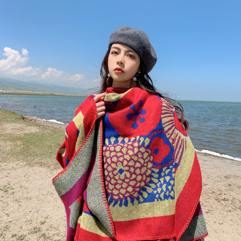 Ethnic style Autumn and Winter Thickened Cold resistant and Warm keeping Cape scarf