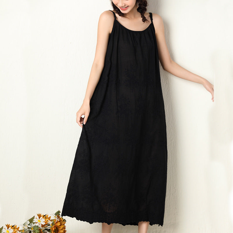 Solid color dress embroidered loose waist suspender bottom cotton linen maxi skirt