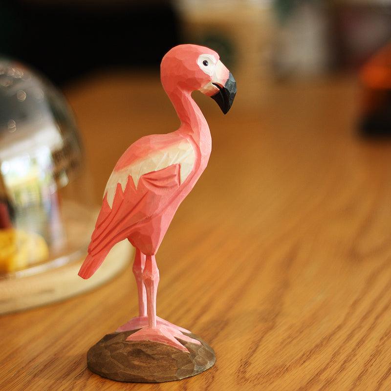 Flamingo-Vogel-Figuren, handgeschnitzt und bemalt aus Holz