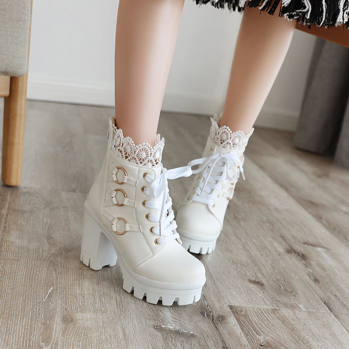 Women's Platform Thick High Heel Lace Up Ankle Boots