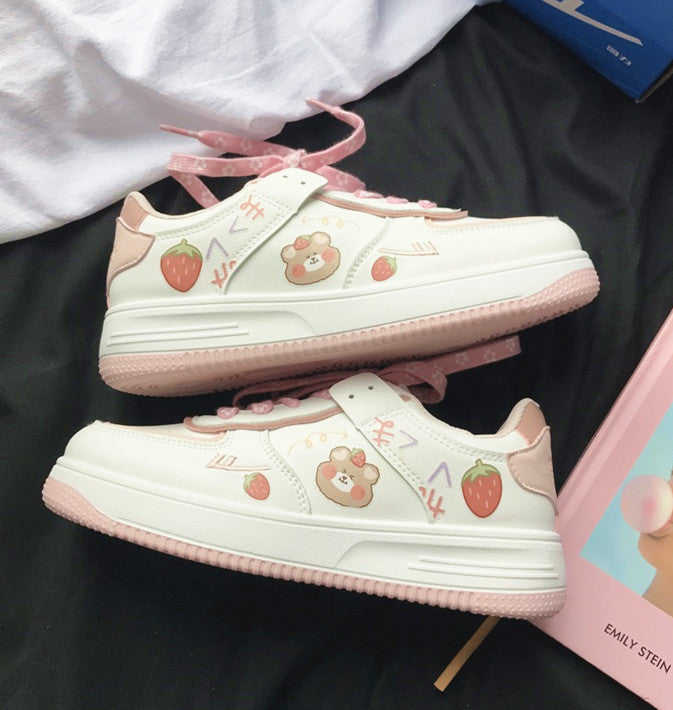 Lindos zapatos preppy Zapatillas estéticas para niñas con oso de fresa