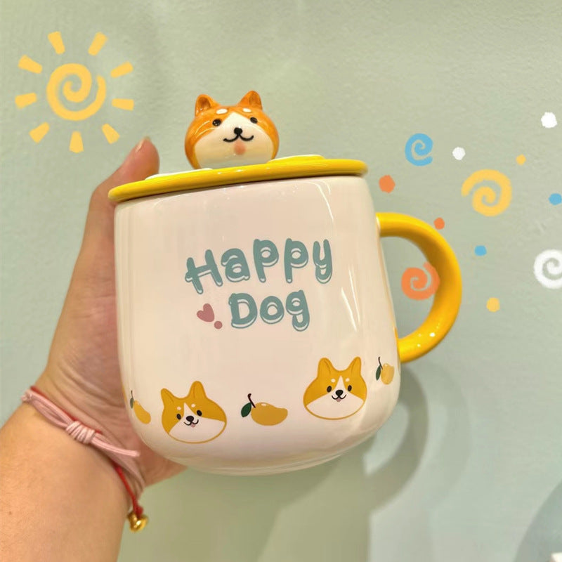 Tasse en céramique mignonne de chien de Corgi avec le couvercle