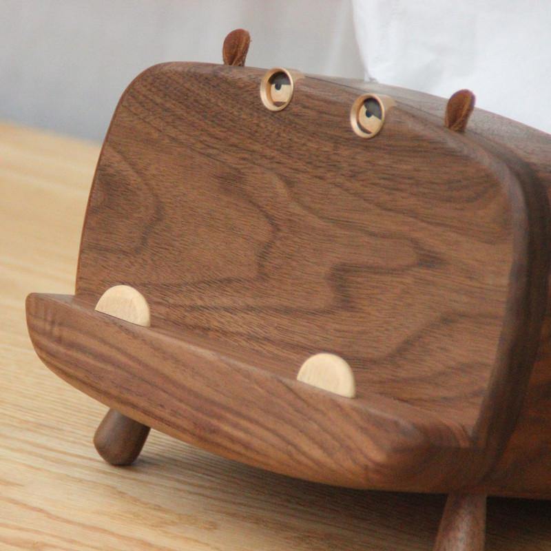 Housse de boîte à mouchoirs avec support de téléphone Décoration hippopotame en bois faite à la main