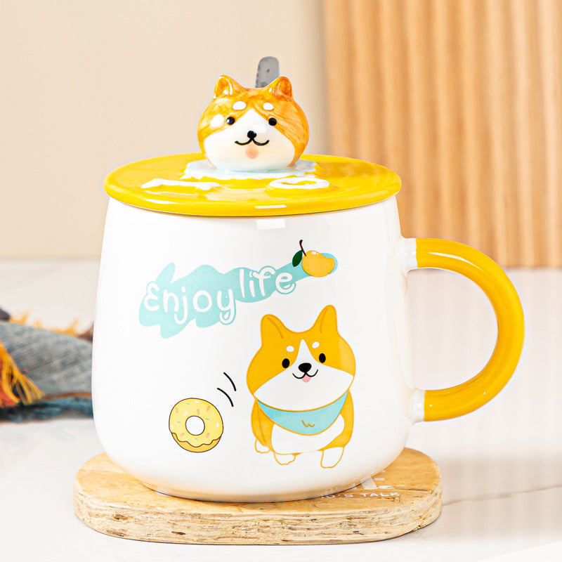 Tasse en céramique mignonne de chien de Corgi avec le couvercle