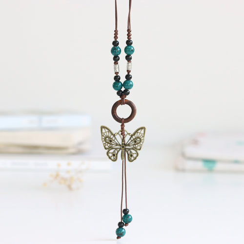 Ethnic style ceramic long sweater chain women's antique hanging vintage Chinese style butterfly necklace