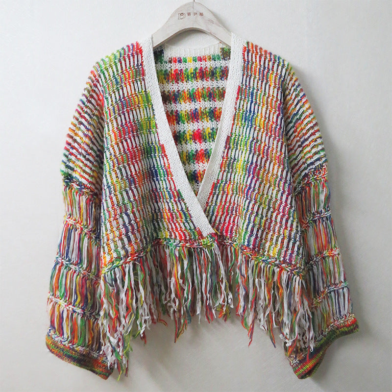 Loose hand-woven rainbow fringed knitted cardigan autumn and winter short sweater coat