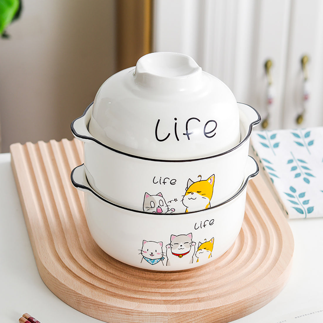 Cute Cartoon kitties Print Ceramic Noodle Bowl Set