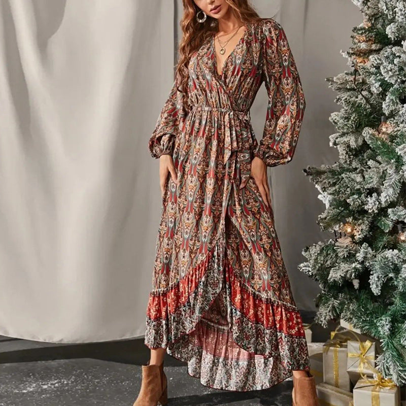 Fall New Long Sleeve Swing Boho Print Dress