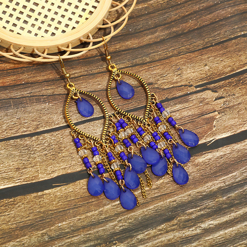 Antique gold-plated long fringed earrings for women vintage waterdrop bohemian chain earrings