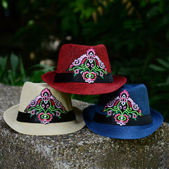 Embroidered hat in summer, straw hat, women's top hat, Tibetan style, sun protection, national style embroidery in summer and autumn