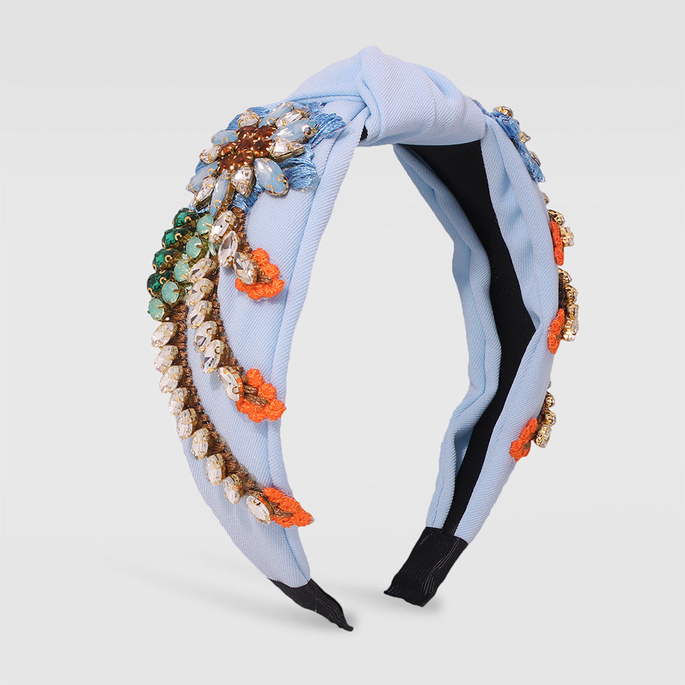 Stylish hand-stitched embroidered flowers fabric headband Personality creative diamond-encrusted knotted headband for women