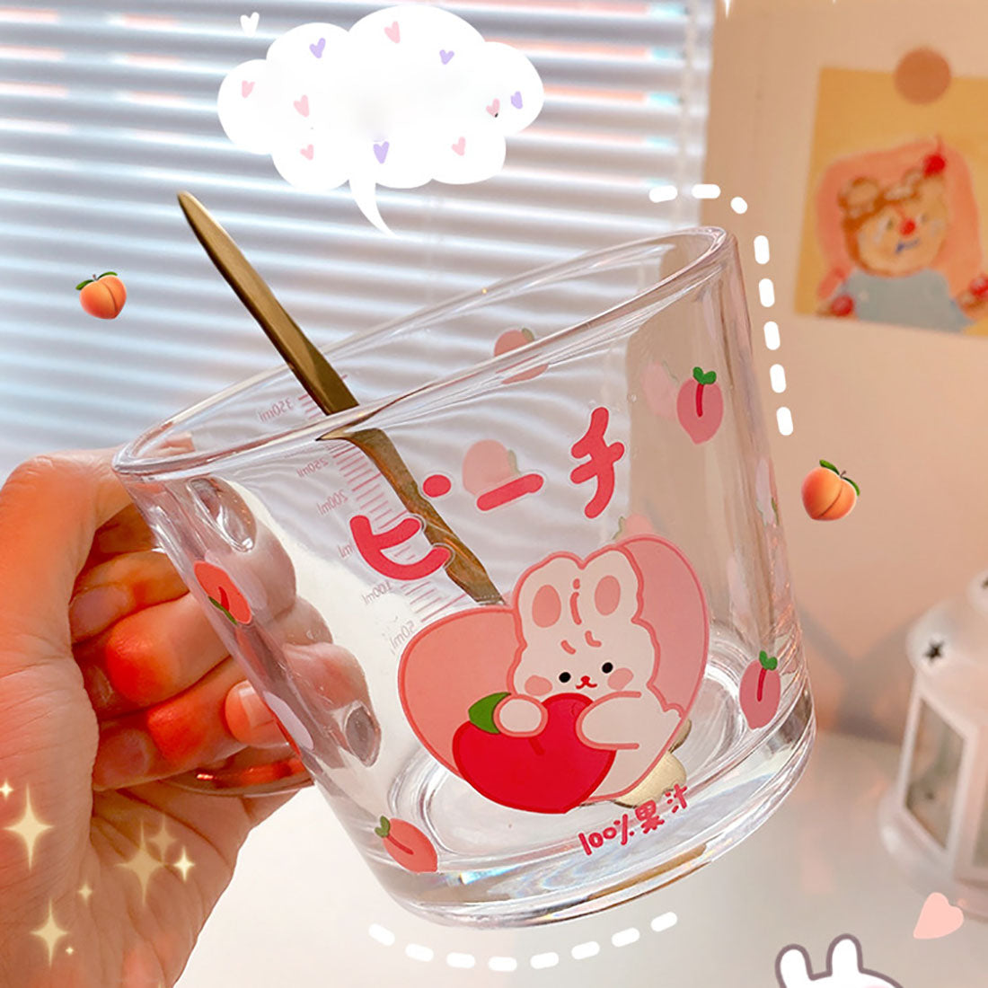 Cute Strawberry Rabbit Glass Cup with Spoon