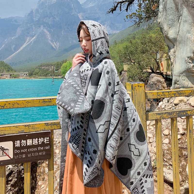 Tibetan ethnic shawl women's Autumn hooded cloak air-conditioned room warm cloak scarf