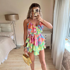 Deep V open back floral skirt suspender dress women's summer dress