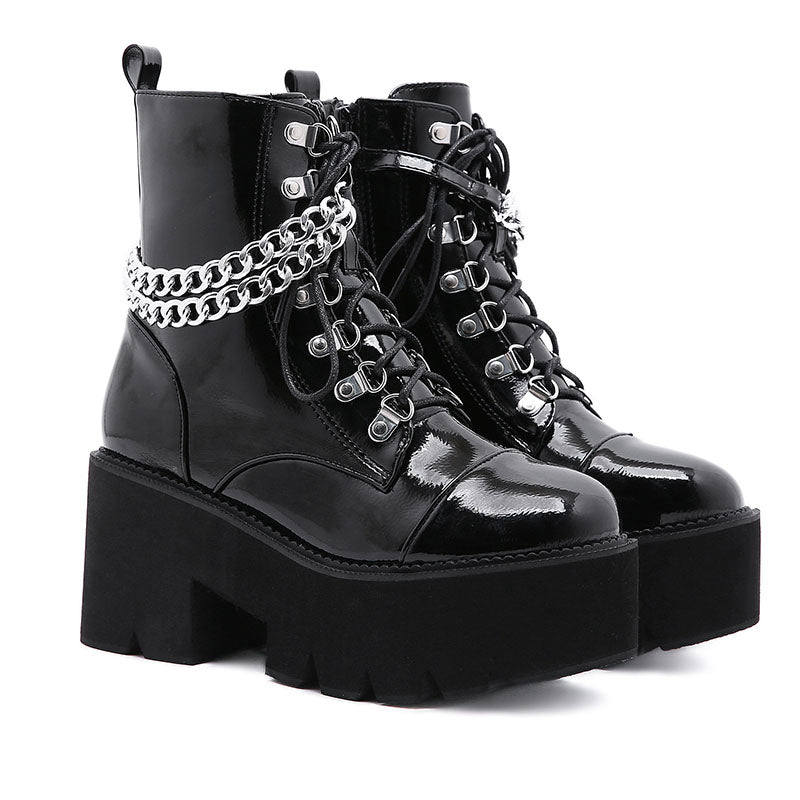 Gothic Lackleder Wrap Around Ketten Plateaustiefel