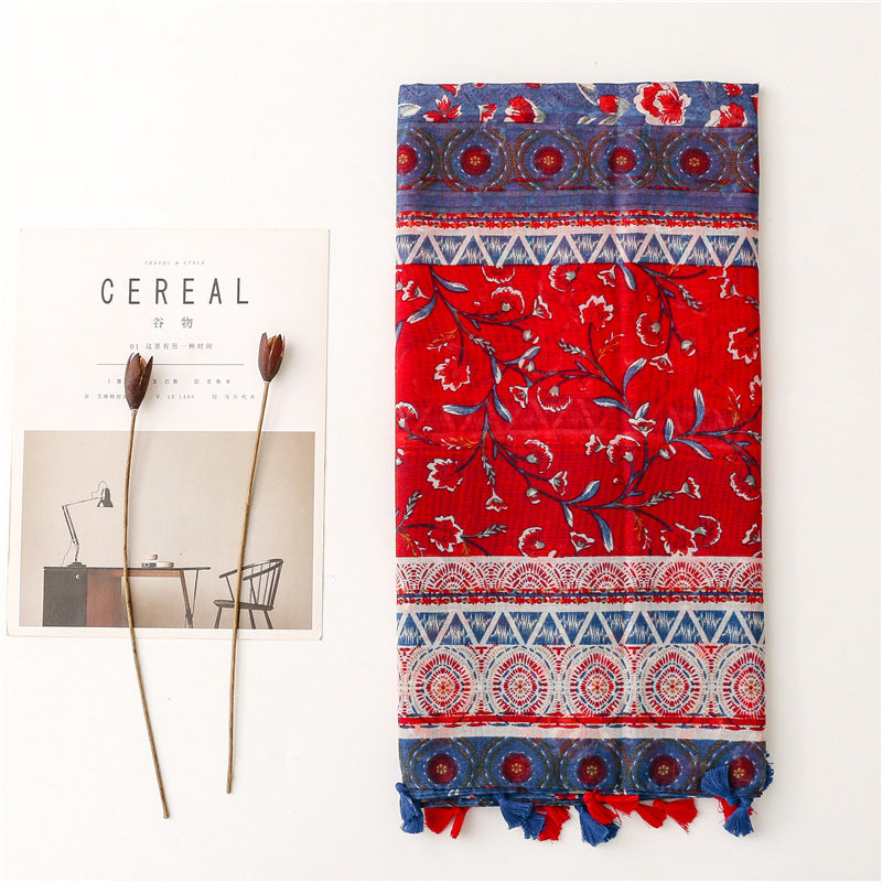 Ethnic Style Soft Cotton Hemp Handle Scarf Red Blue Small Broken Flower Decoration Sunscreen Shawl Silk Scarf Woman