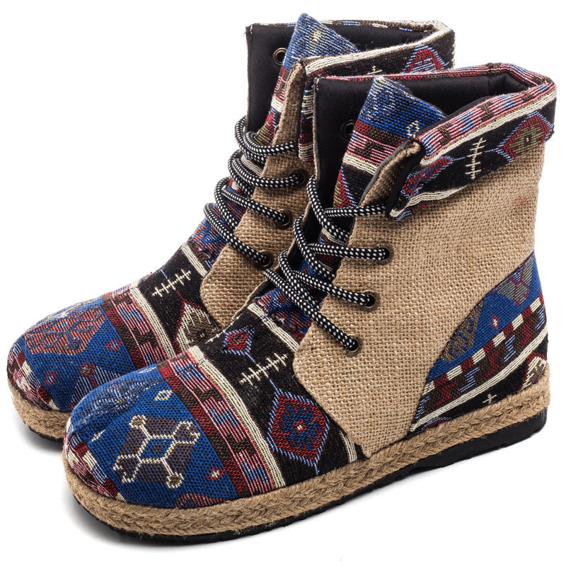 High-top Linen Cloth Shoes Embroidered Lace-up Flanging Color Matching Shoes National Wind Cotton and Linen Booties