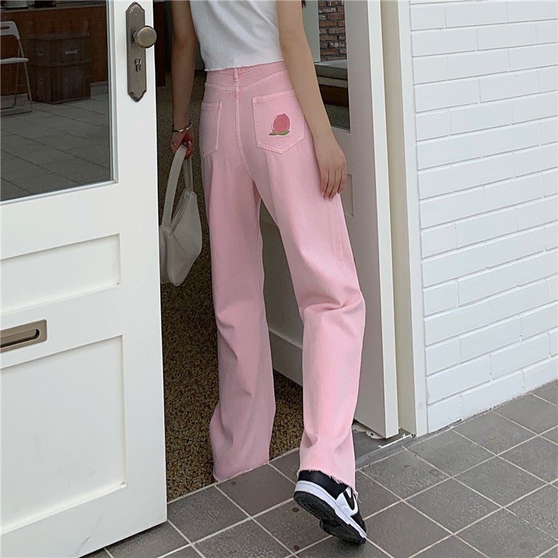 Pantalones anchos con bordado de melocotón rosa