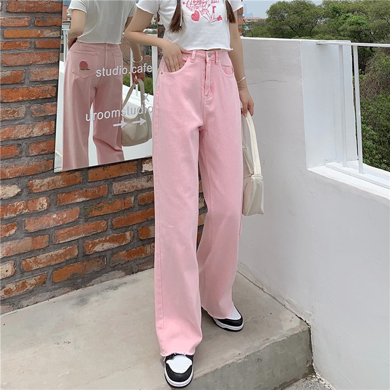 Pantalones anchos con bordado de melocotón rosa