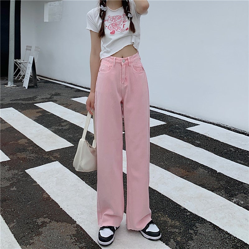 Pantalones anchos con bordado de melocotón rosa