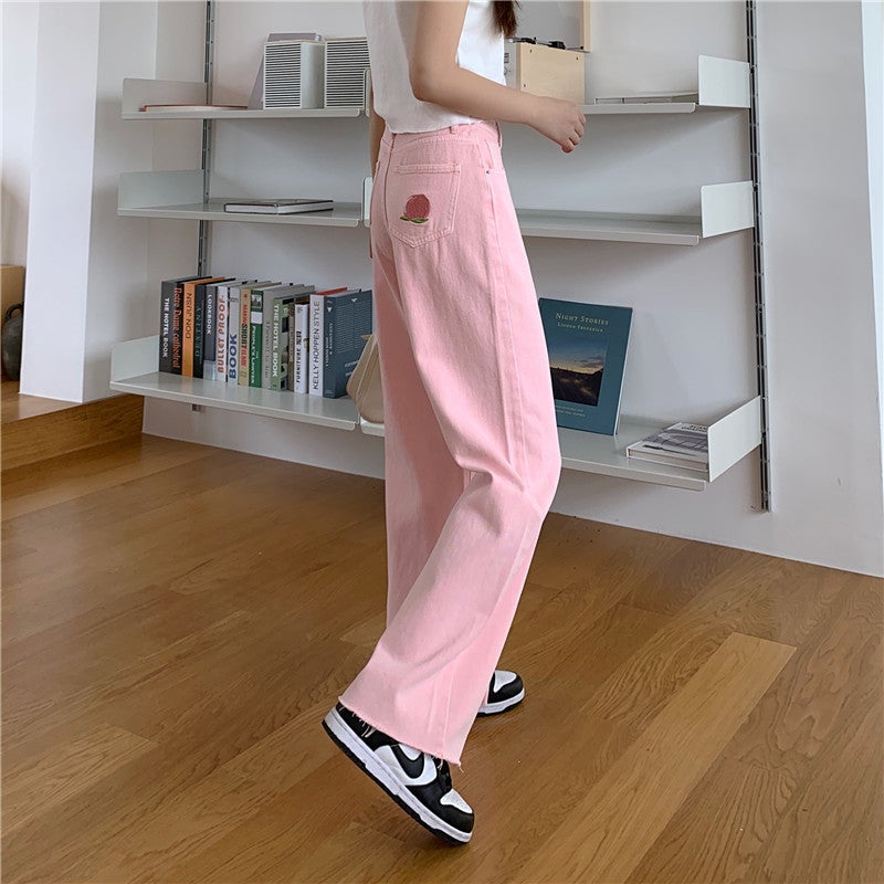 Pantalones anchos con bordado de melocotón rosa