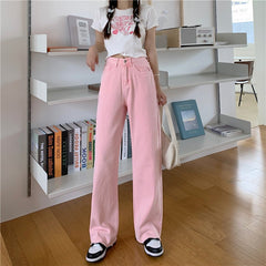 Pantalones anchos con bordado de melocotón rosa