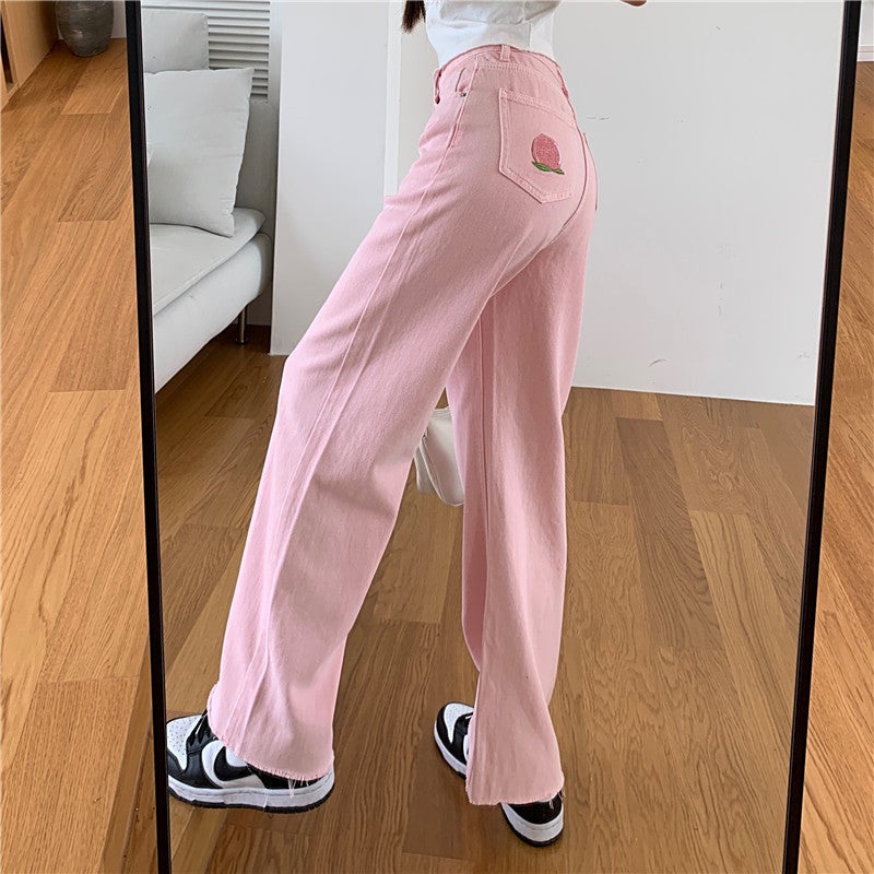 Pantalones anchos con bordado de melocotón rosa