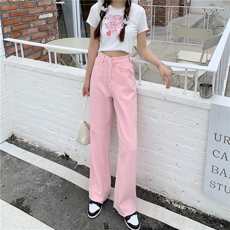 Pantalones anchos con bordado de melocotón rosa