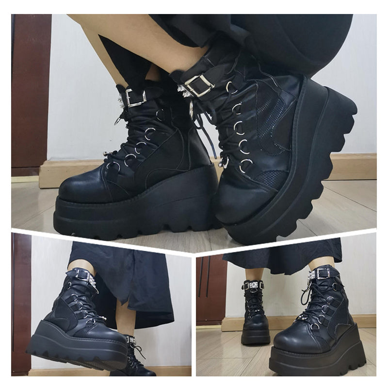 Womens Punk Lace-Up Platform Boots